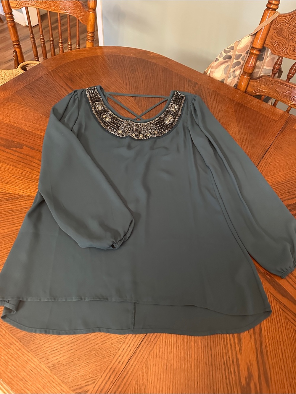 Studio Y Teal Beaded Neckline Blouse with Crisscross Back